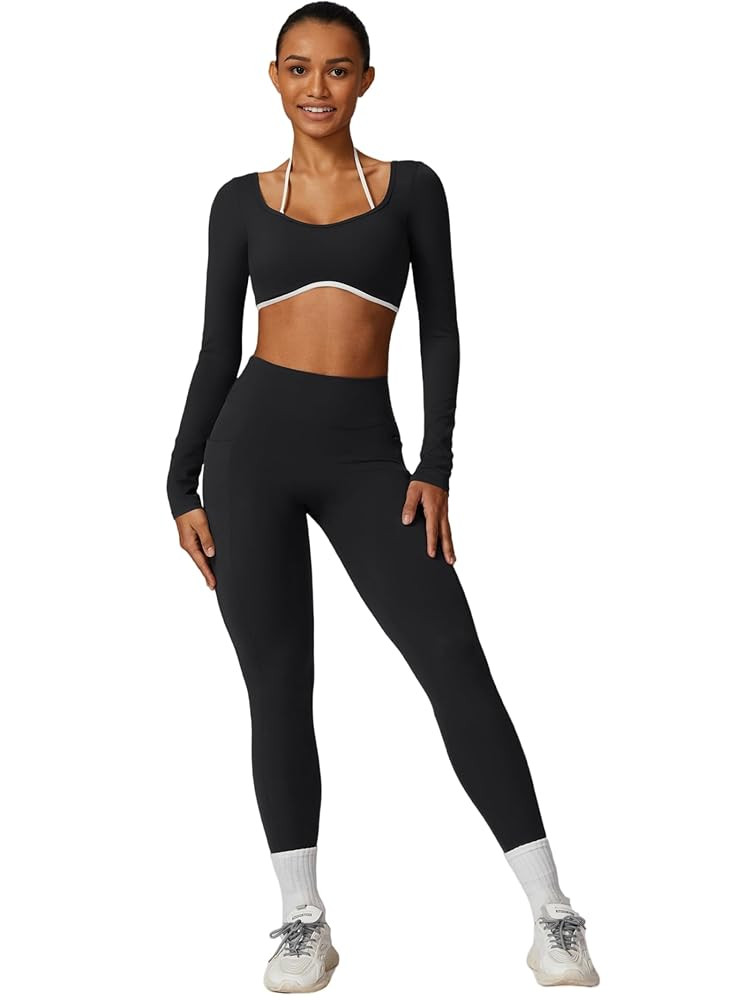 ABOCIW Workout Sets for Women Long Sleeve Crop Top Scrunch Butt Lifting High Waist Leggings with ... | Amazon (US)