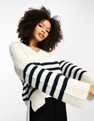ASOS DESIGN boxy fit collar sweater with step hem and side slits in stripe | ASOS (Global)