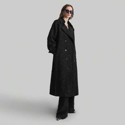 Women Mid-Length Trench Coat, Thick Special Dedusting Material, Fold Cuffs, Double-Breasted, All-Match Style Winter Coat, Black Color With Unique Tass | SHEIN