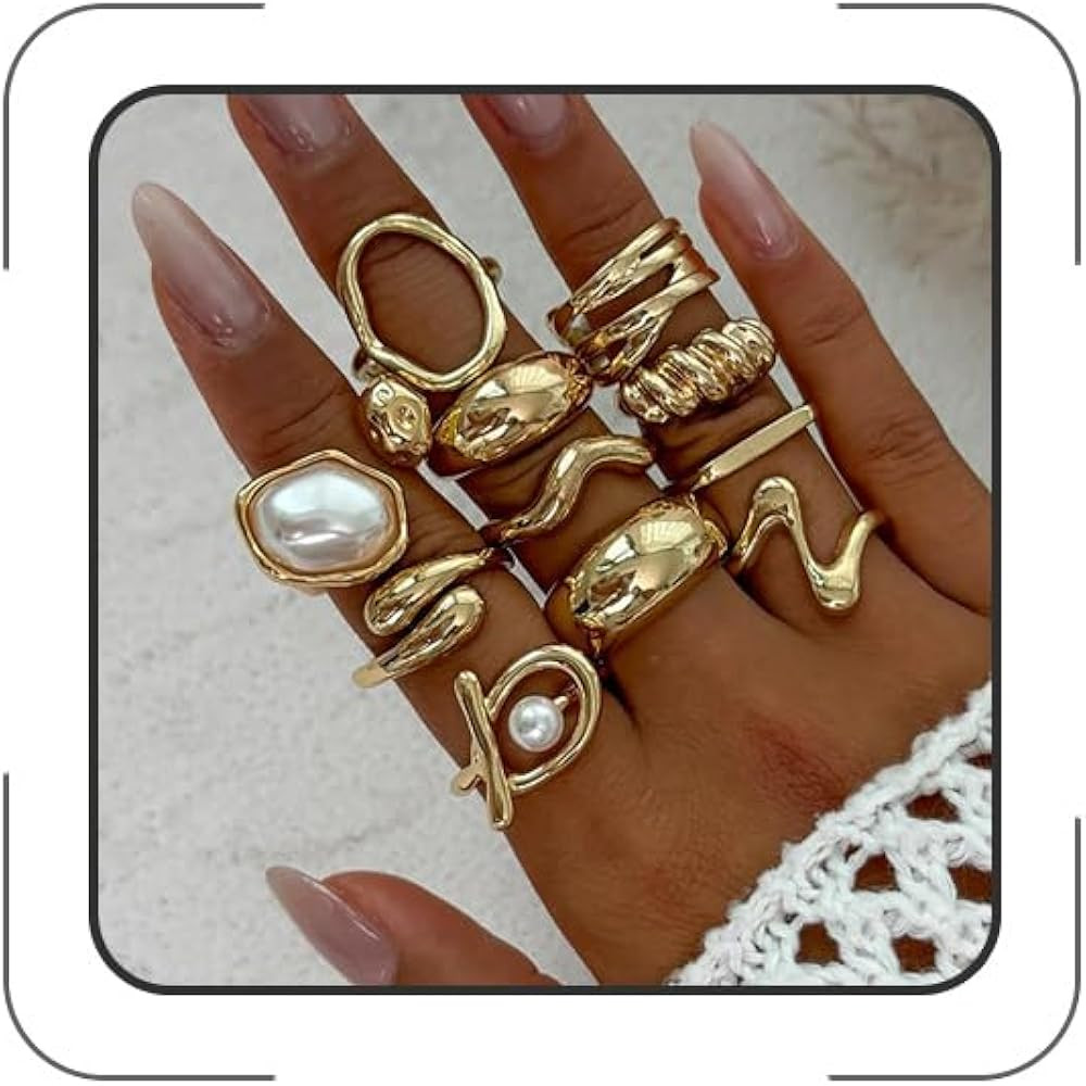Chunky Gold Rings for Women Gold Baroque Pearl Rings Open Adjustable Pearl Ring Stacking Knuckles... | Amazon (US)