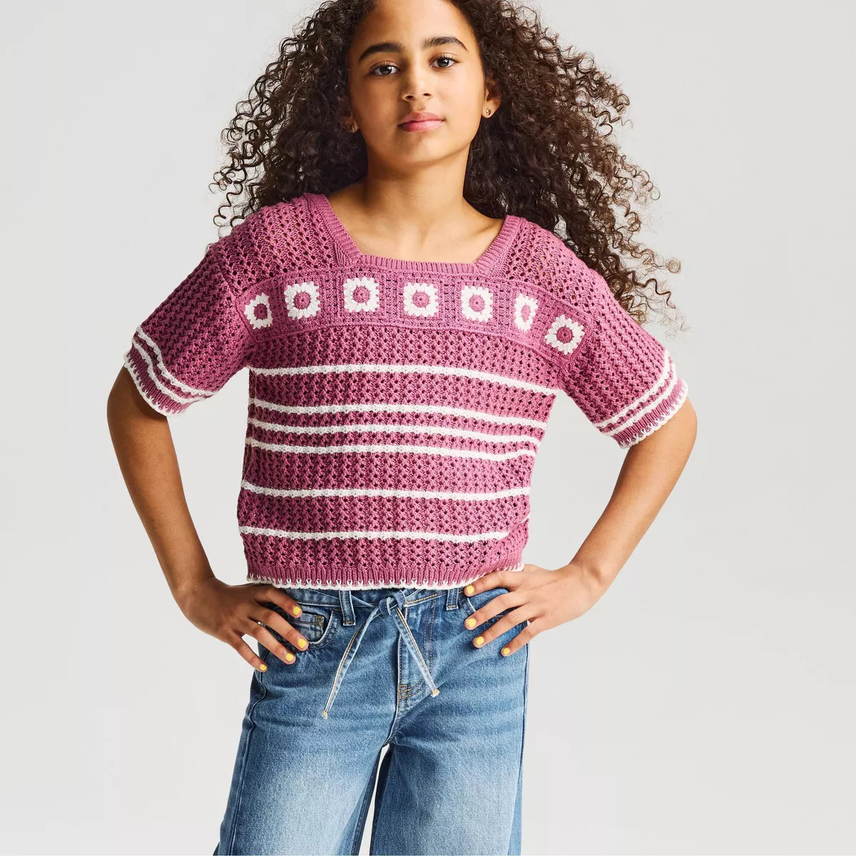 Girls' Short Sleeve Scalloped Striped Sweater - Cat & Jack™ Mauve M | Target