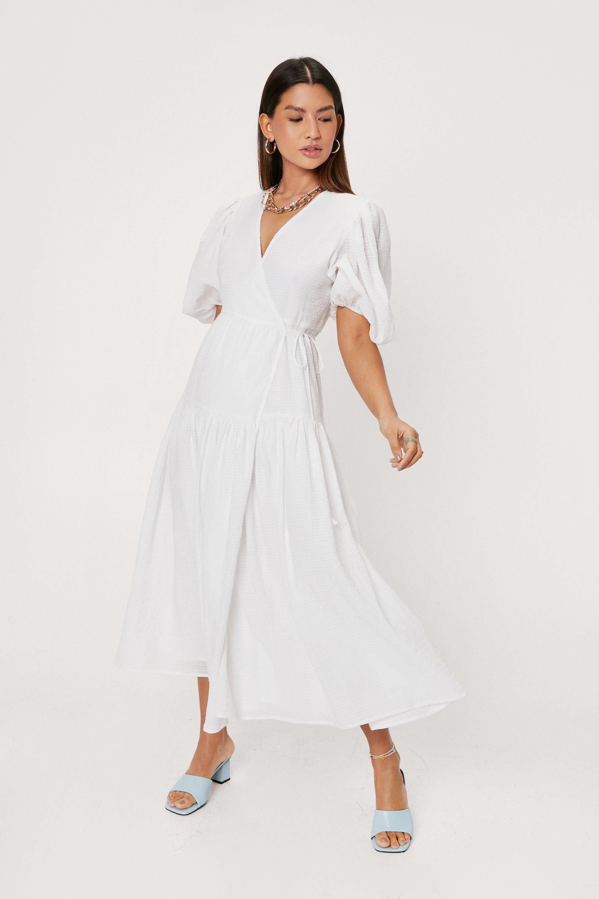 Textured Puff Sleeve Wrap Midi Dress | Nasty Gal (US)