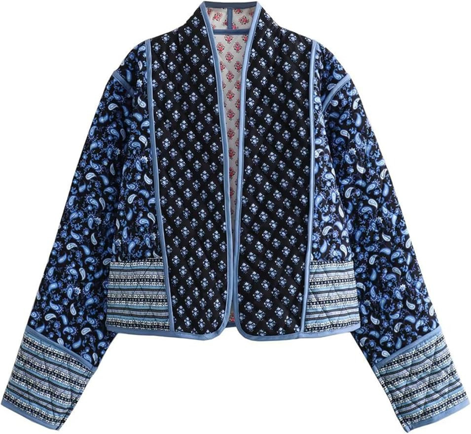 YKR Women's Cropped Puffer Jacket Floral Print Quilted Puffer Jackets Open Front Lightweight Shor... | Amazon (US)