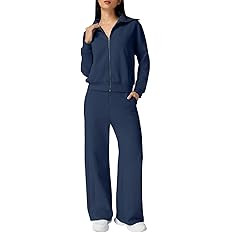 QINSEN Women's Cotton 2 Piece Outfits Lapel Long Sleeve Zip Up Sweatshirt Wide Leg Pants Matching... | Amazon (US)