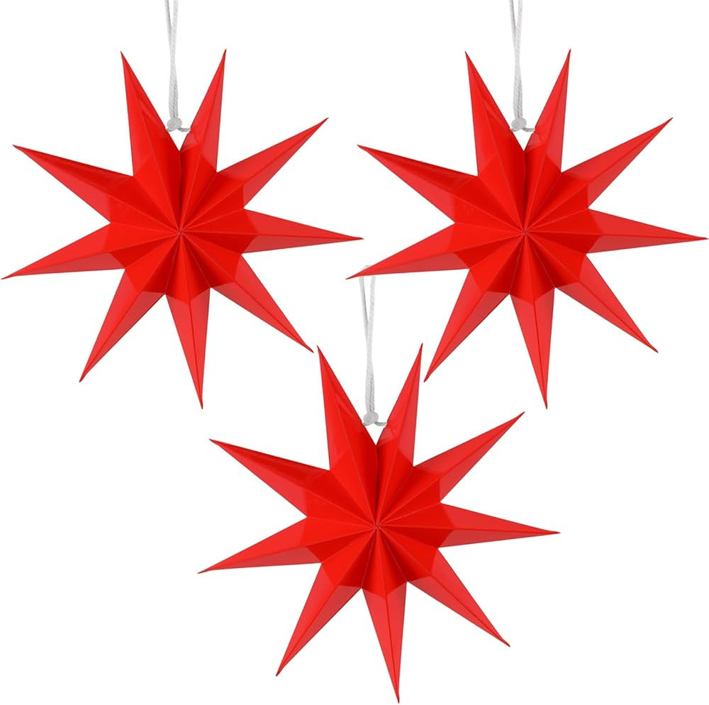 SUNBEAUTY 3 Pcs 9-Pointed Red Paper Star Lanterns 12 Inch Christmas Hanging Lamp Red Paper Decora... | Amazon (US)