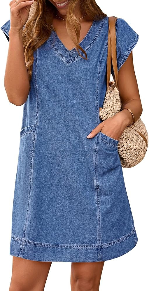 Pink Queen Womens Denim Dress Summer V Neck Short Sleeve Loose Casual Jean Dresses with Pockets | Amazon (US)
