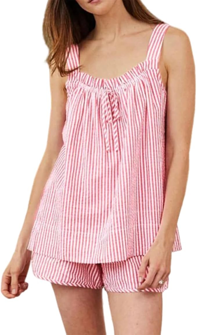codcm Women's Seersucker Pajamas Set Cute Striped Pjs Tank Top and Shorts Summer Beach Outfits | Amazon (US)