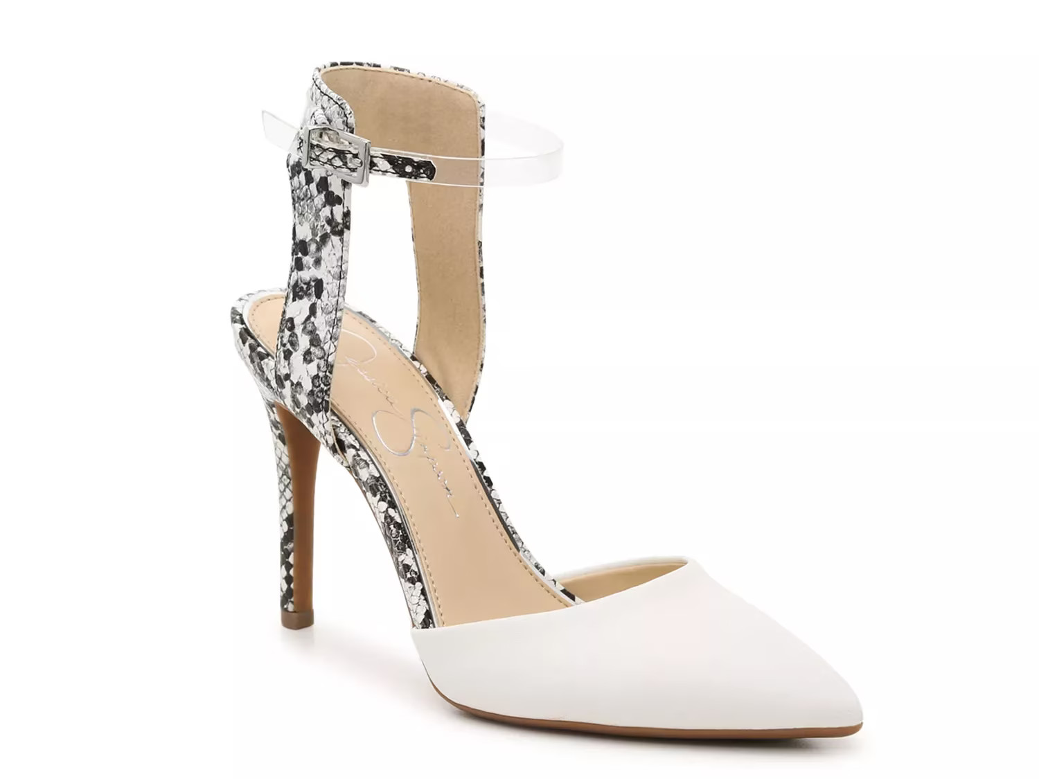 Jessica Simpson Hadiya Pump - Women's - White/Black/Clear Snake Print - Ankle Strap Stiletto | DSW
