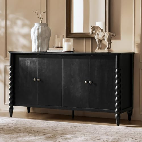 HULALA HOME Transitional Sideboard Cabinet with Spindle Design, 60" Storage Cabinet with 4 Doors, Adjustable Shelves, Solid Wood Legs for Living Room, Dining Room, Hallway, Black | Amazon (US)