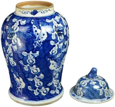 19" Antique Like Finish Retro Blue and White Porcelain Blue Butterfly Temple Ceramic Ginger Jar Vase | Amazon (US)