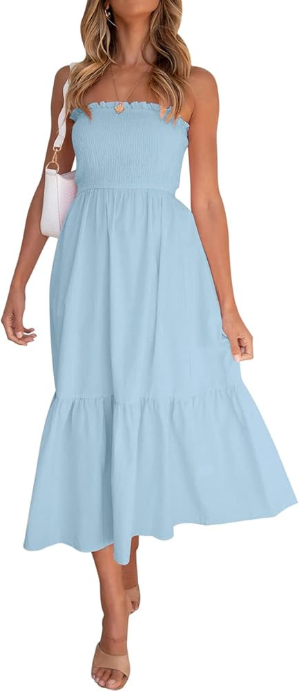MUXERI Women's Summer Boho Off Shoulder Floral Print Ruffle Strapless A Line Flowy Maxi Dress | Amazon (US)