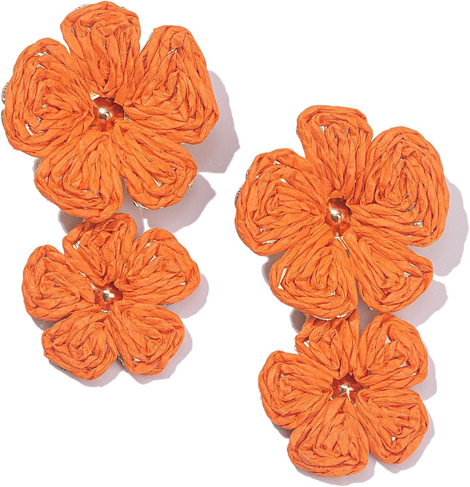 Flower Drop Earrings Floral Raffia Earrings Boho Statement Dangle Earrings Trendy Cute Summer Jew... | Amazon (US)