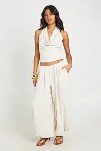 Stone Cowl Halter Linen Top | Boohoo | Boohoo.com (UK & IE)