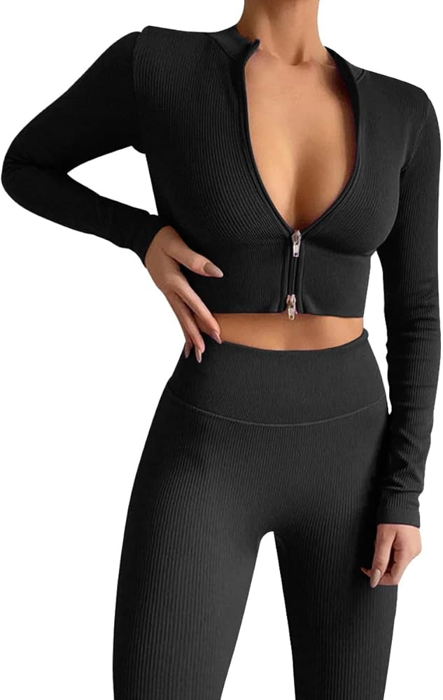 Workout Sets for Women Long Sleeve Zipper Crop Top Jacket Seamless Ribbed High Waist Leggings 2 P... | Amazon (US)