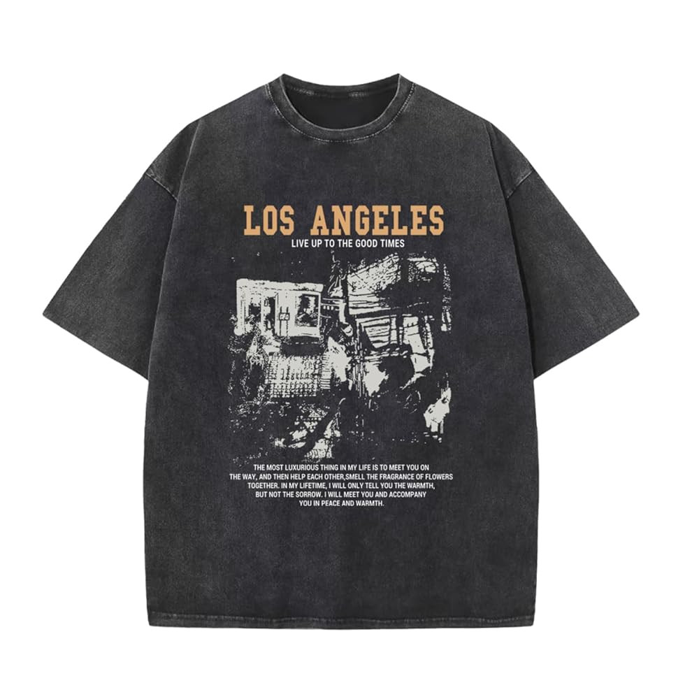 Oversized Graphic Tshirts for Men Acid Wash Los Angeles Vintage Tees Streetwear Baggy Cotton Shir... | Amazon (US)