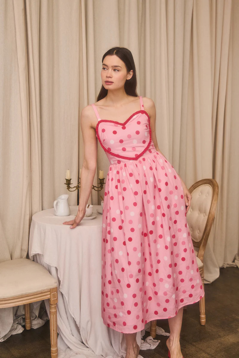 Serry Polka Dot Heart Smocked Midi Dress | Sugarlips
