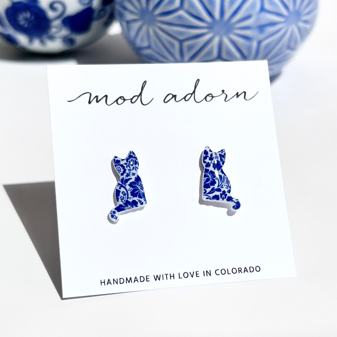 Blue China Pattern Cat Earrings, Cute Cat Stud Earrings, Blue and White Floral Kitty, Cat Silhoue... | Etsy (US)