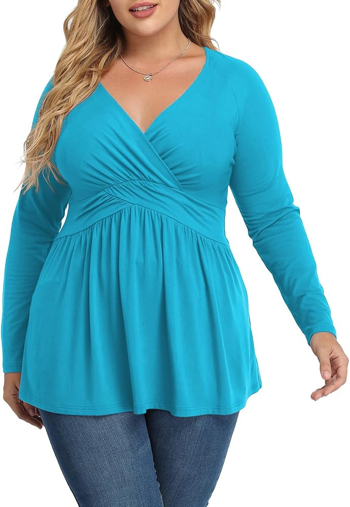 TIANZHU Women Plus Size Shirt Long Sleeve Floral Print Tops Pleated Casual V Neck Tunic Top | Amazon (US)