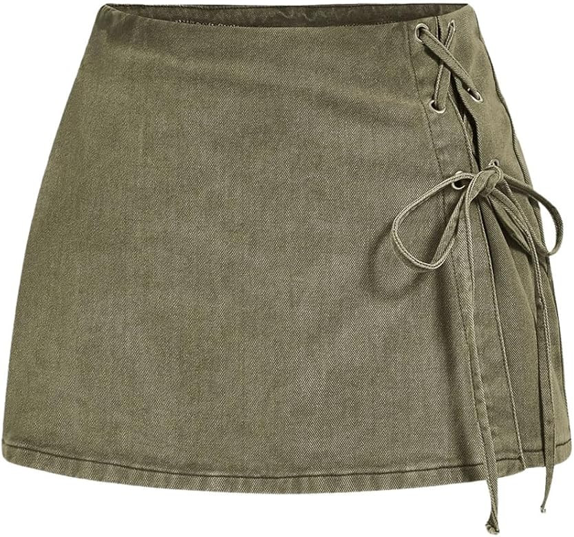 Floerns Women's High Waist Denim Skorts Grommet Eyelet Lace Up Mini Skirt Shorts | Amazon (US)