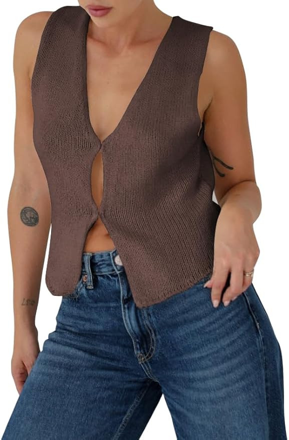 BZB Sweater Tank Tops for Women 2024 Summer Basic V Neck Crochet Knit Vest Sexy Button Casual Y2k... | Amazon (US)