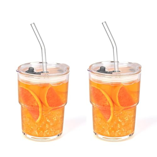 MINGHYZYA 13oz Glass Tumbler with Glass Straw and Lid, Reusable Iced Coffee Cups, Coffee Tumbler, Glass Coffee Mugs, Drinking Glass Cups (white-2pack) | Amazon (US)