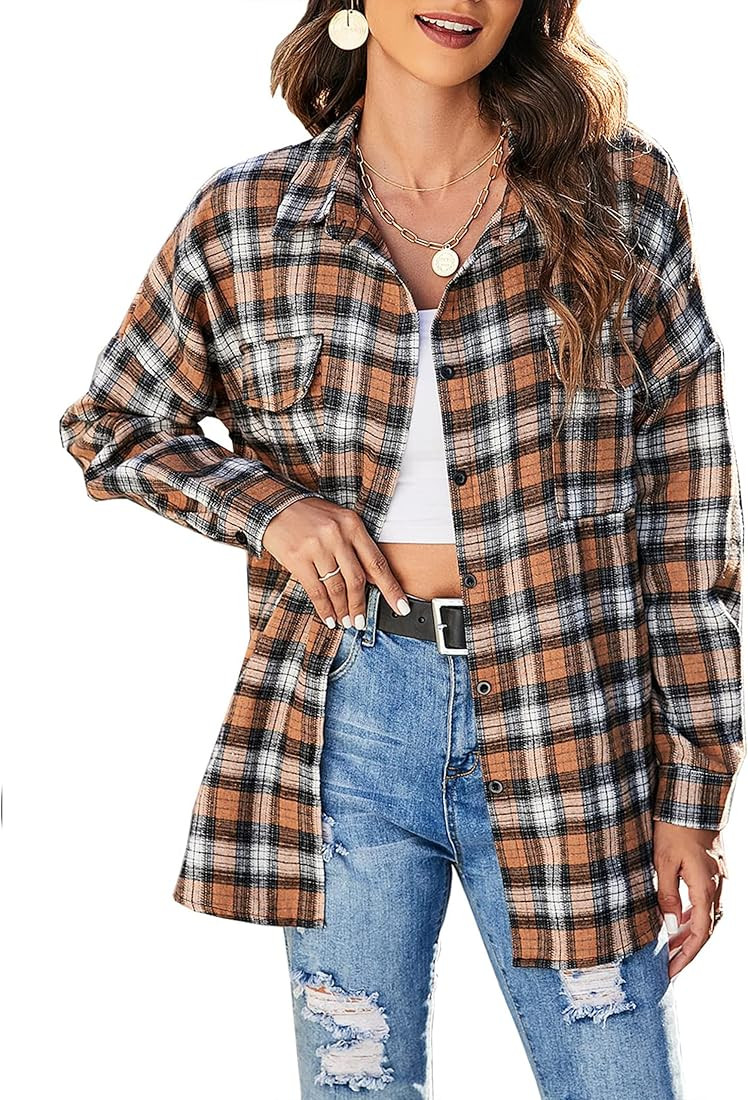Blooming Jelly Women's Button Down Flannel Shirts Plaid Shacket Long Sleeve Collared Business Casual | Amazon (US)