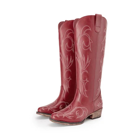 DREAM PAIRS Women s Embroidered Western Cowboy Boots Knee High Cowgirl Style with Chunky Heel & Side Zipper Comfortable Pull-On Fit | Walmart (US)
