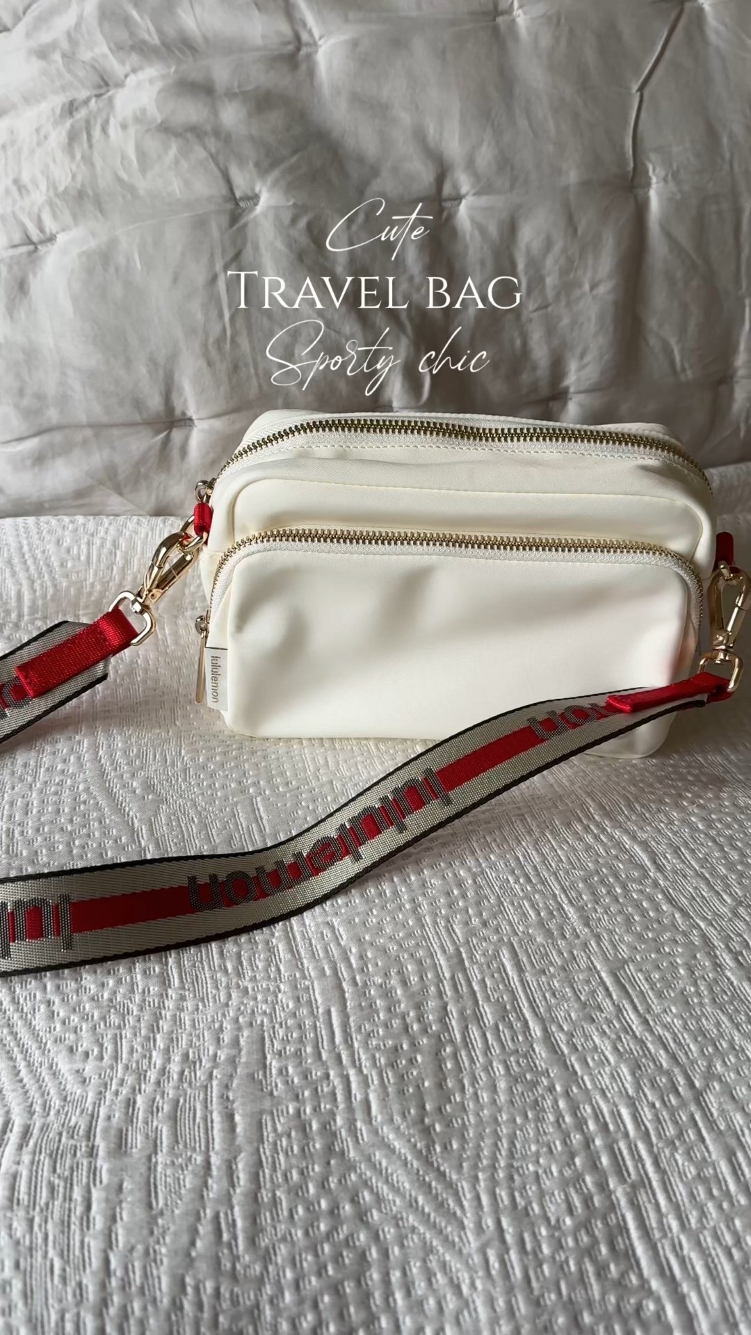 Spring break travel bag. Spring bag. Everyday bag. Athleisure. 
This bag strap is so cute!  Love the perfect pop of red and stripe style. Logo isn’t too in your face. Sporty chic style  Adjustable crossbody to shoulder carry. 
Camera bag style with roomy main zip compartment, smaller front zip compartment, and slip pocket style back compartment. 
My iPhone 15 pro with s bulky case fits in main and front pocket easily; can fit in back slip pocket but is snug. 


#LTKActive #LTKTravel #LTKOver40