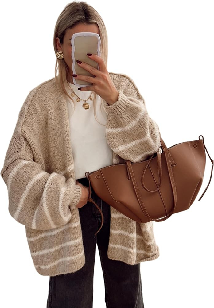 Bankeng Women's Oversized Striped Cardigan Sweaters Fall Long Lantern Sleeve Knit Open Front Ligh... | Amazon (US)