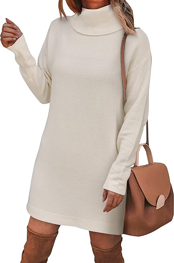 BTFBM Women's Turtleneck Long Sleeve Sweater Dress Side Slit Hem Fall Winter Oversized Casual Kni... | Amazon (US)