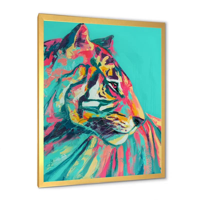 Pop Art Turquoise And Pink Tiger Framed On Canvas Painting | Wayfair North America