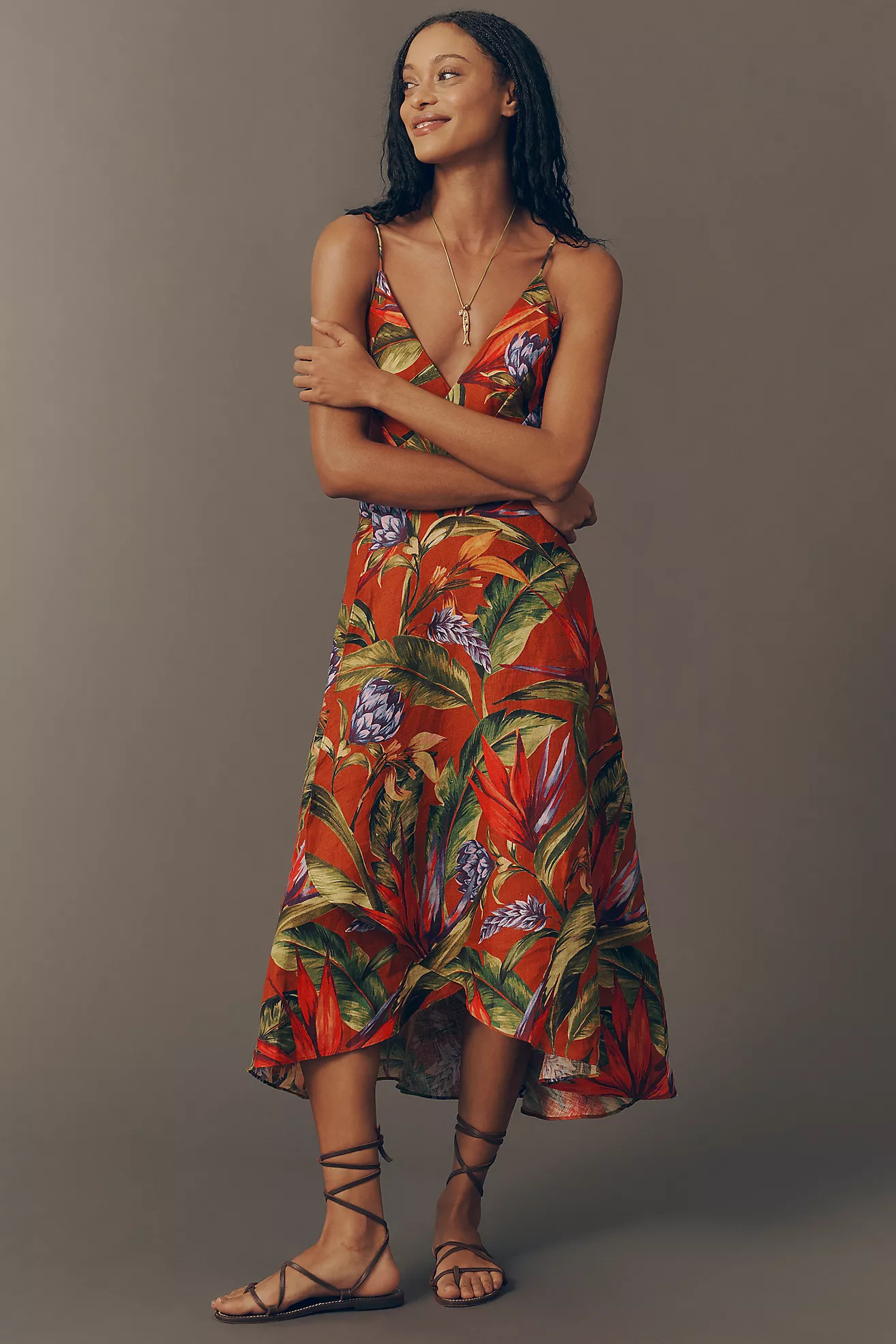 Farm Rio Florart Linen Sleeveless Plunge Midi Dress | Anthropologie (US)