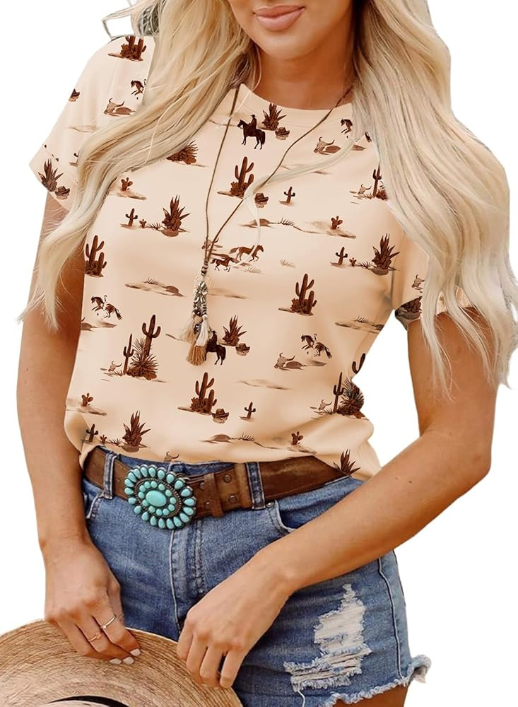 SHEWIN Womens Summer Tops Short Sleeve T-Shirts Western Graphic Crew Neck Casual Cute Tees 2026 C... | Amazon (US)