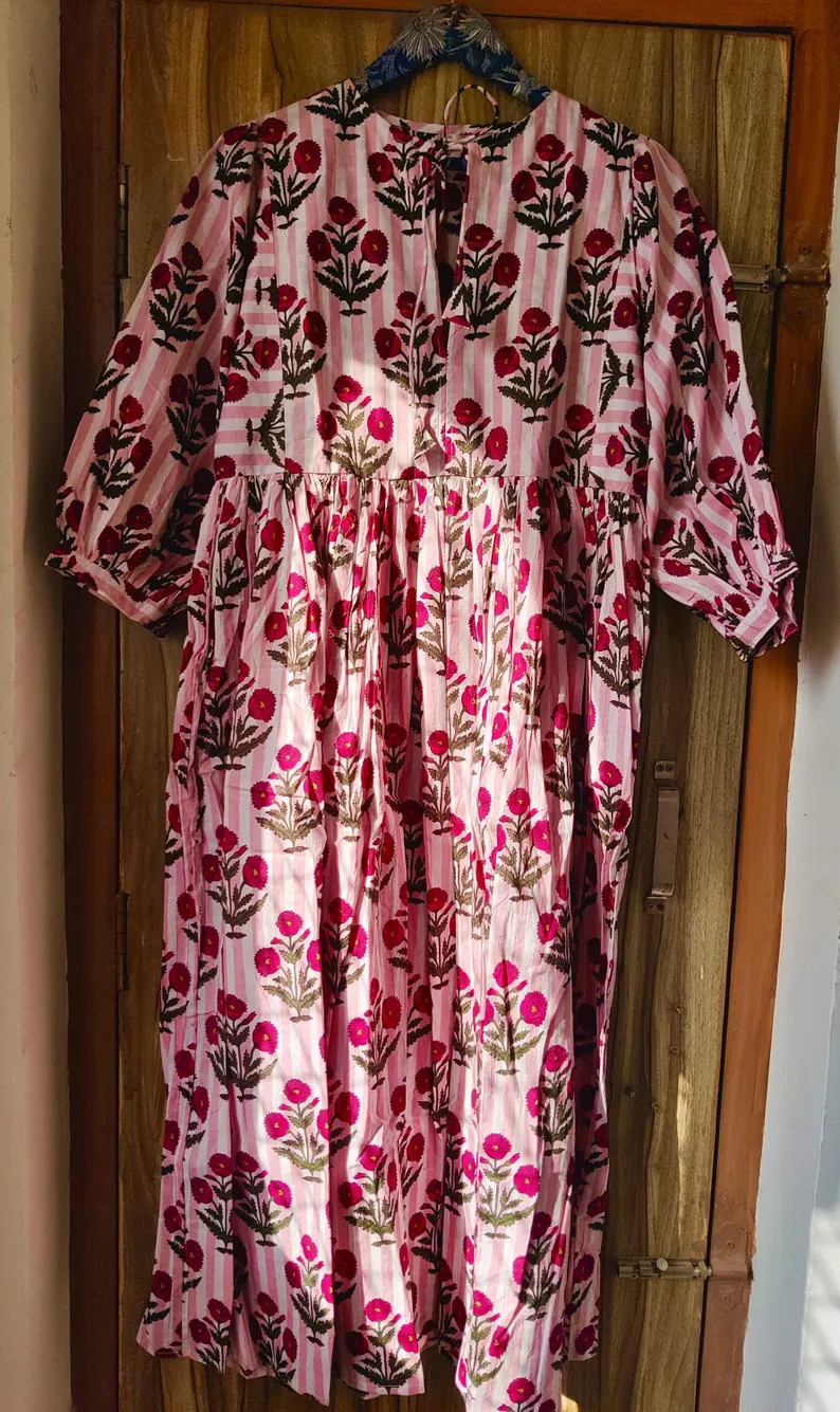 Block Print Midi Dress, Mini Dress, Striped Long Block Print Dress, Deep Neck With String Closer ... | Etsy (US)