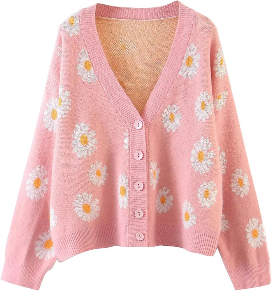 Women's Long Sleeve Cute Cardigans Sweater V-Neck Daisy Floral Button Outerwear | Amazon (US)
