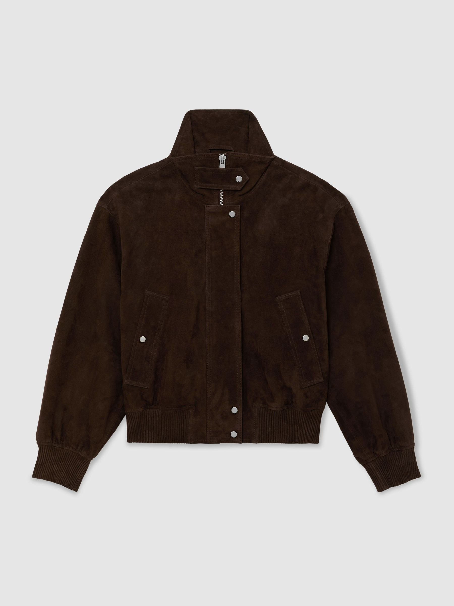 Reiss Suede Funnel-Neck Bomber Jacket in Chocolate Brown | REISS | Reiss US