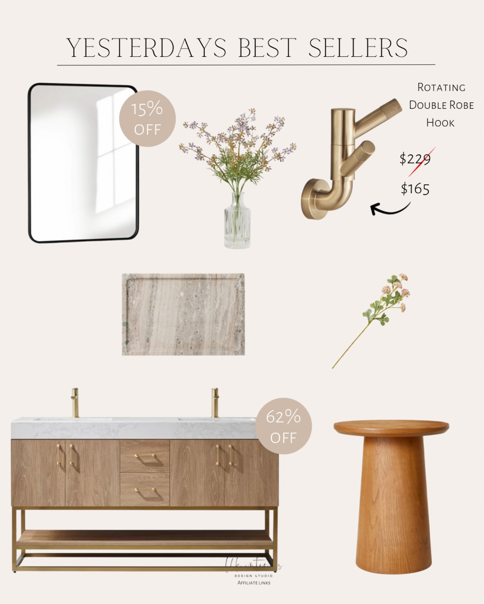 Yesterdays Best Sellers
Wooden pedestal accent side table / footer marble tray / faux wild flower arrangement / metal rounded rectangular mirror / Annice double bathroom vanity / rotating double robe hook / faux blush pink sedum stem 

#LTKU #LTKsalealert #LTKhome