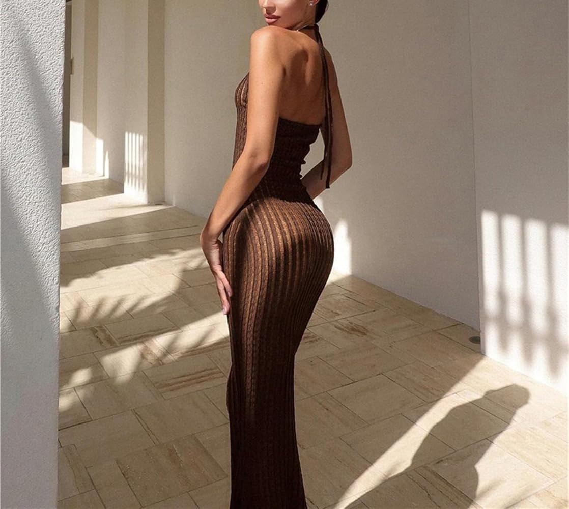 Maxi Dress Halter Neck Lace-up Crochet Dress Backless Bodycon Dress Romantic Dress Vacation Outfi... | Amazon (US)