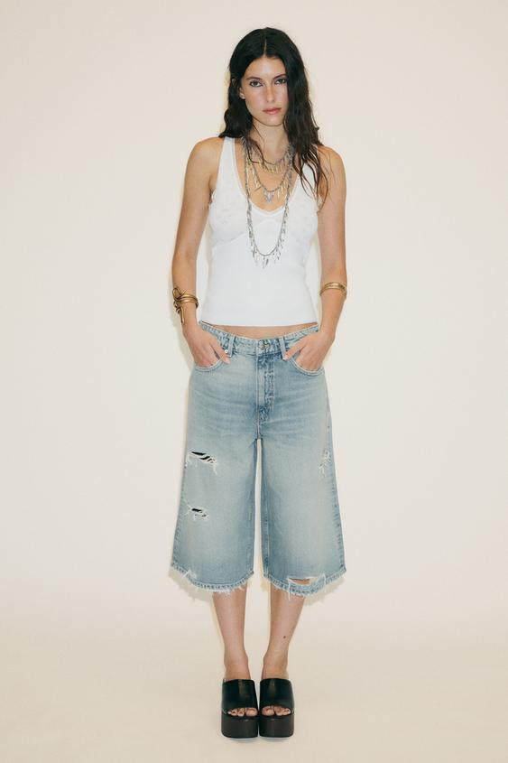 RIPPED TRF BAGGY DENIM JORTS | Zara US