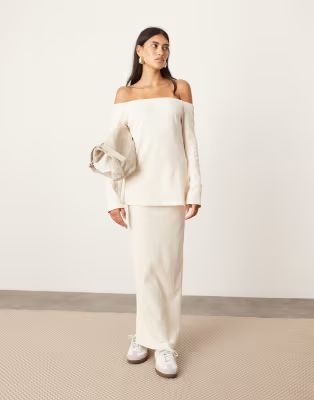 ASOS EDITION jersey bardot longline top with split hem and maxi skirt in cream | ASOS (Global)