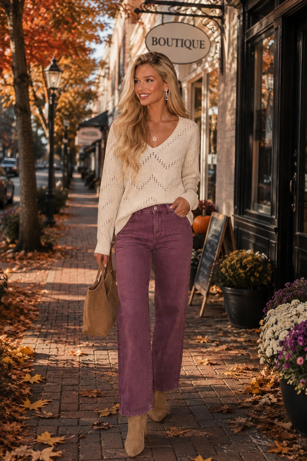 Classy Fall Outfit Idea: Cream Sweater + Burgundy Jeans

There’s something about fall fashion that makes getting dressed so much more fun. 🍂 Cozy textures, warm colors, boots, and beautiful accessories make it easy to put together an outfit that feels comfortable while still looking polished.

This classy fall outfit is exactly the kind of look I love because it’s feminine, wearable, and easy to recreate. The combination of a cream knit sweater, burgundy jeans, neutral suede boots, and coordinating accessories gives you those gorgeous fall colors without feeling overly seasonal.