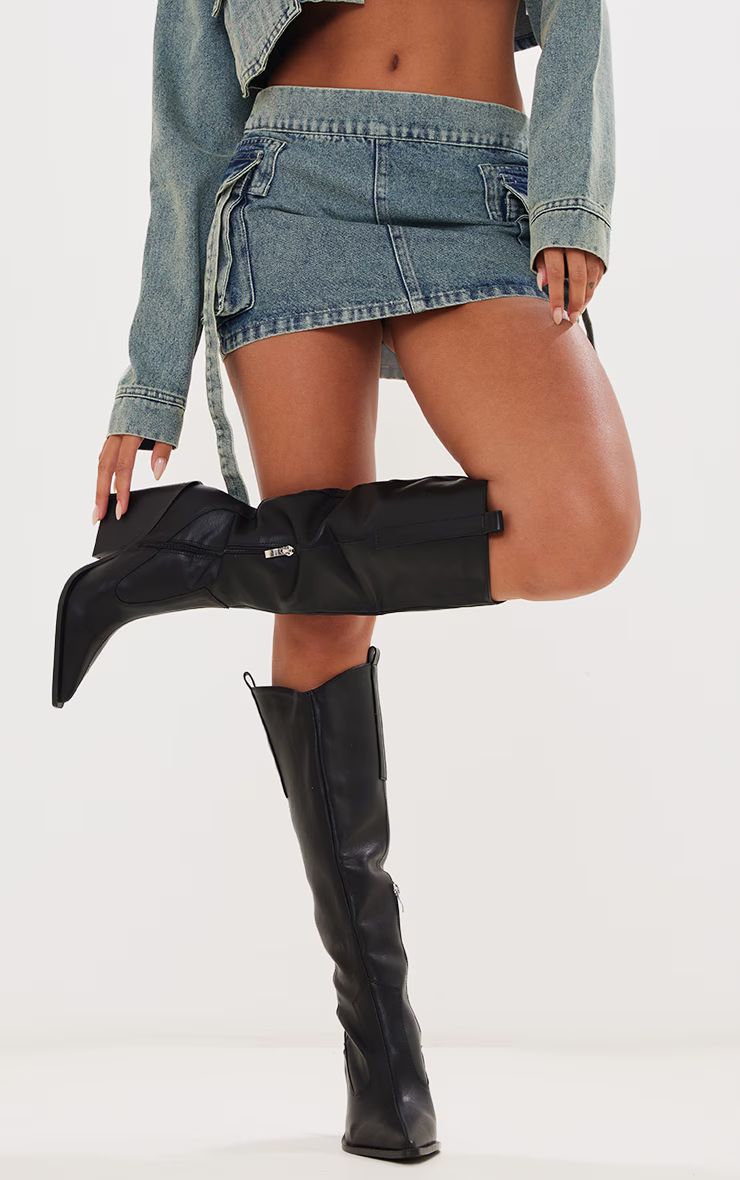Black Western Pointed Wedge Heeled Knee Boots | PrettyLittleThing UK