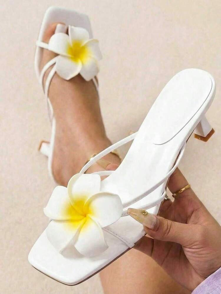 New Women's 3D Yellow Flower Decor High Heel Sandals, Elegant Low Heel High Heels, Suitable For Beach, Party, Date And Wedding Season, Paired With Bikini, Dress, Summer Fashion Elegant High Heel Sandals, Bridal High Heels,Kitten Heels | SHEIN