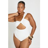 boohoo Women's Plus Asymmetric Cut Out Centre Swimsuit in White | Size: 22 | Boohoo.com (UK & IE)