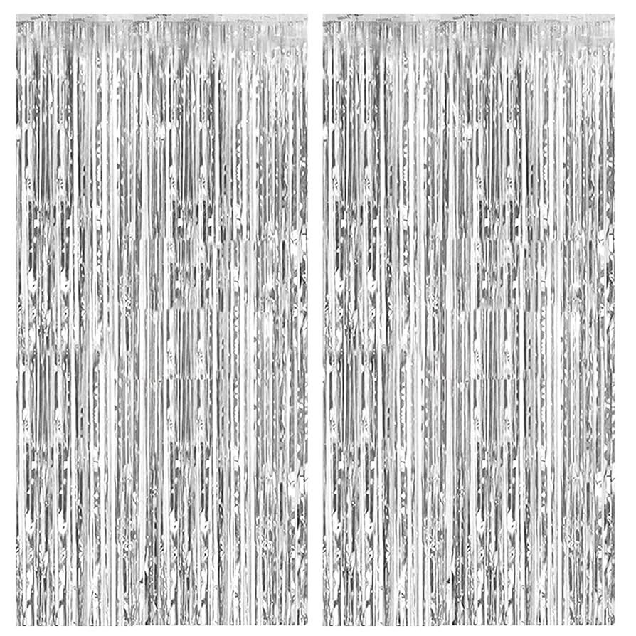 2 Pack Foil Curtain Backdrop Silver Metallic Tinsel Foil Fringe Curtains Photo Booth Props for Bi... | Amazon (US)