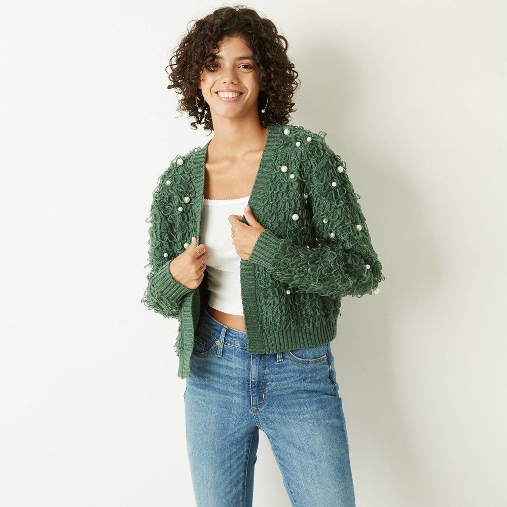 Women's Holiday Loop and Pearl Cardigan Sweater - Green | Target