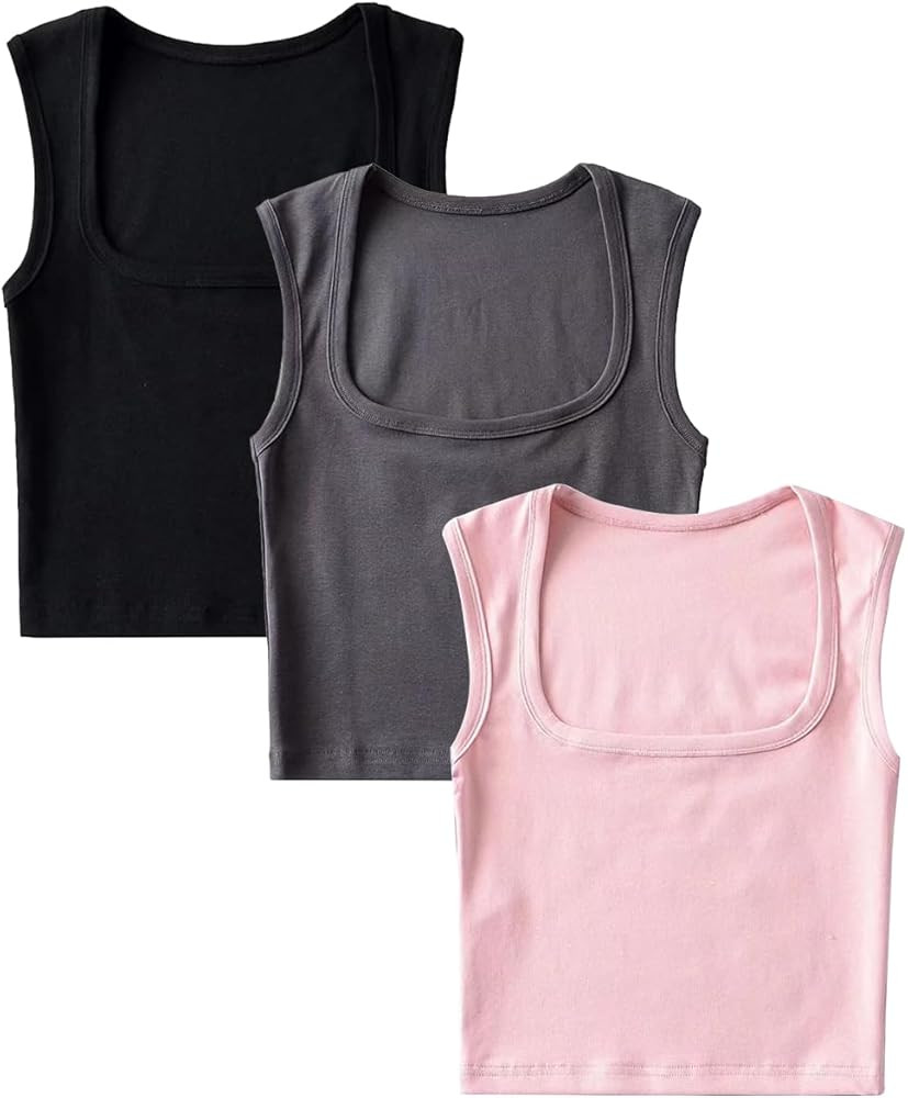 Women's 3 Piece Crop Tank Tops Sleeveless Square Neck Workout Top Seamless Solid Cami Tank Top | Amazon (US)
