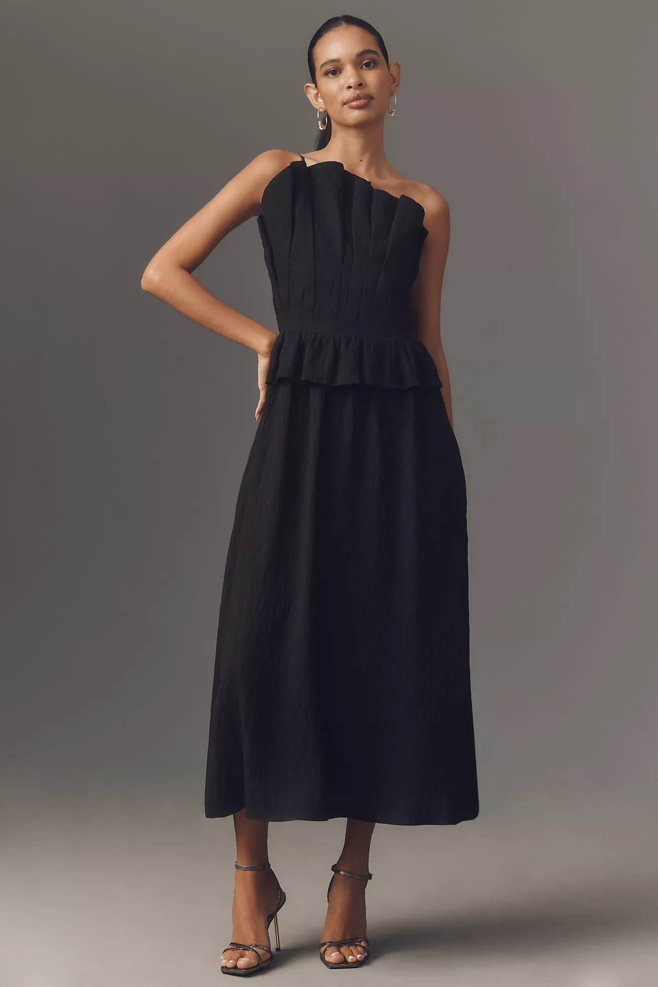 English Factory One-Shoulder Peplum Midi Dress | Anthropologie (US)
