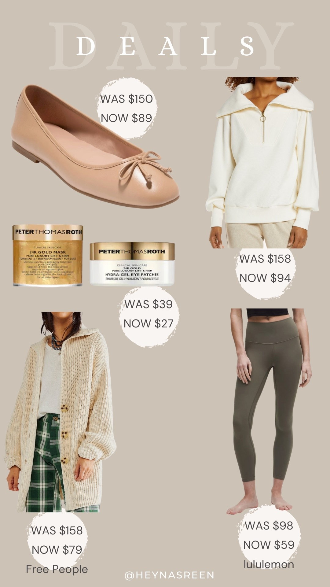 Daily deals on Cole Haan ballet flat, Varley half zip pullover, lululemon align leggings, Free People cardigan, Peter Thomas Roth mask & eye patch duo 