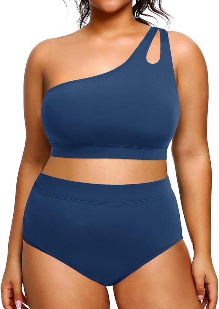 Tempt Me Womens Plus Size High Waisted Bikini Two Piece One Shoulder Swimsuit Keyhole Bathing Sui... | Amazon (US)